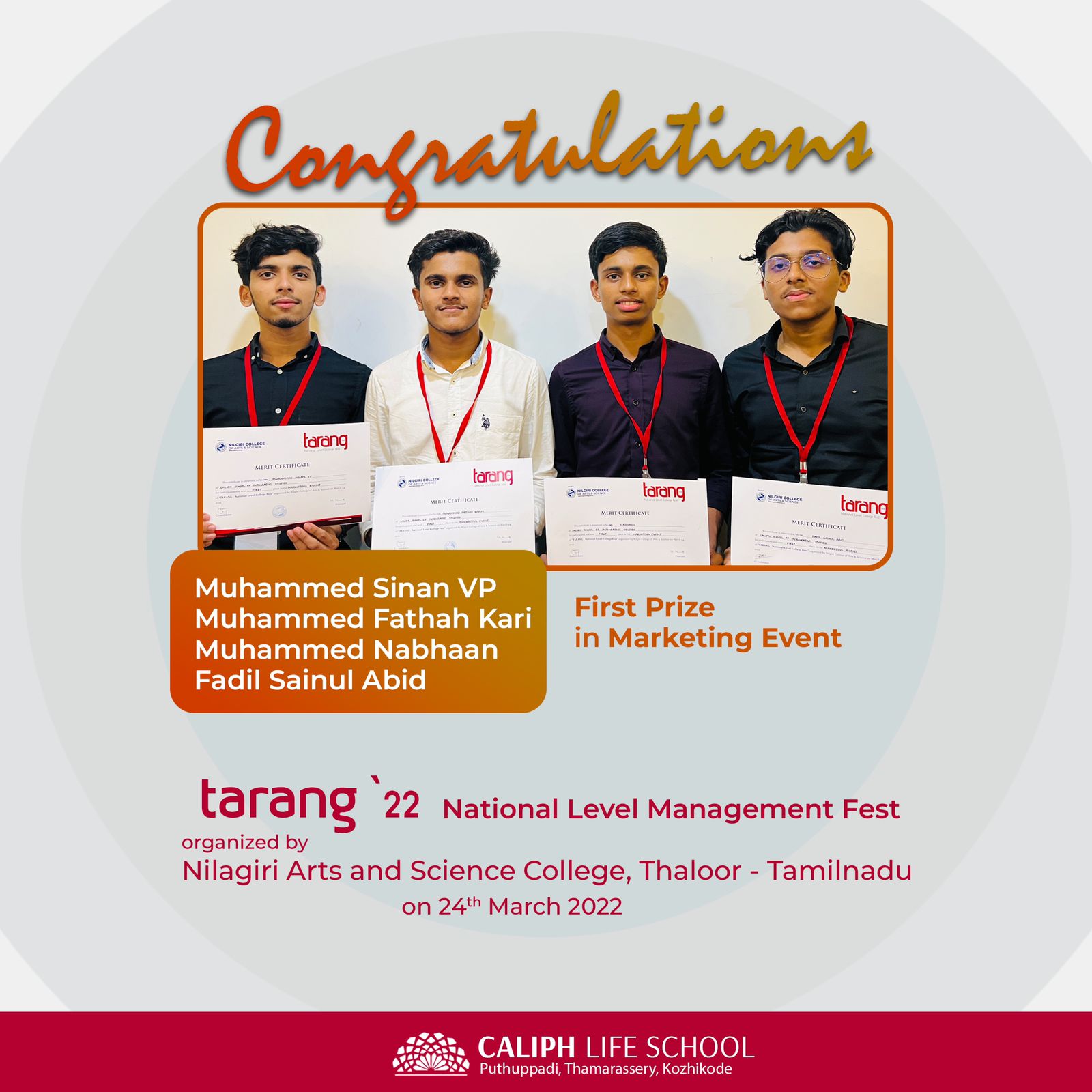 Great win in Tarang National level Management fest